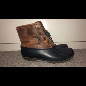 Dark Leather and Navy Blue Duck Boots